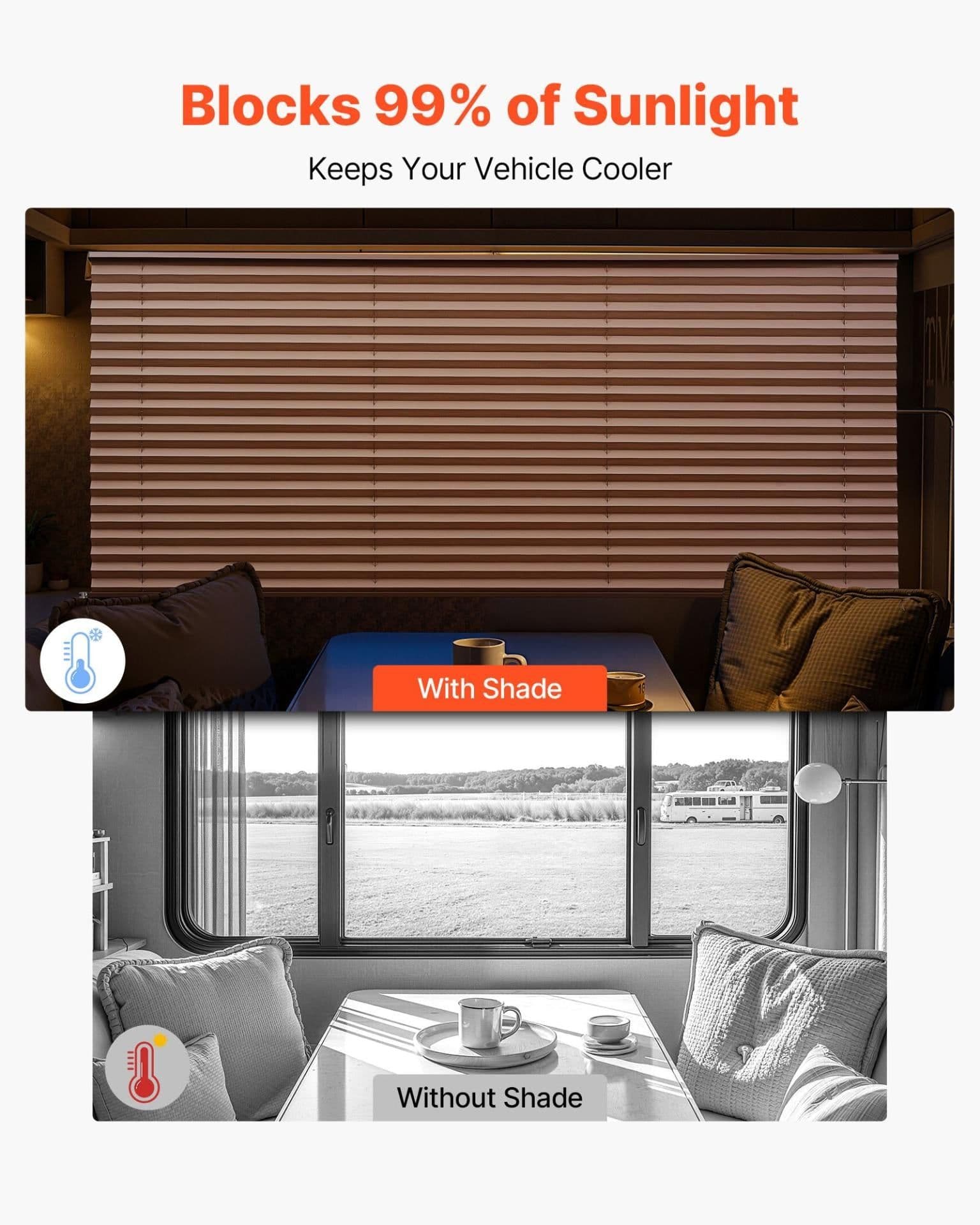 image-VEVOR RV Blinds, 62 in x 32 in, RV Pleated Shades, Polyester Fabric, Easy to Clean and Install, Privacy Protection and Sunlight Blocking, for Camper, Travel Trailer, Motorhome Window, Cappuccino