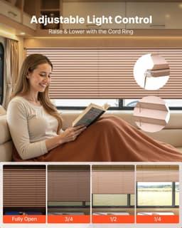 image-VEVOR RV Blinds, 62 in x 32 in, RV Pleated Shades, Polyester Fabric, Easy to Clean and Install, Privacy Protection and Sunlight Blocking, for Camper, Travel Trailer, Motorhome Window, Cappuccino
