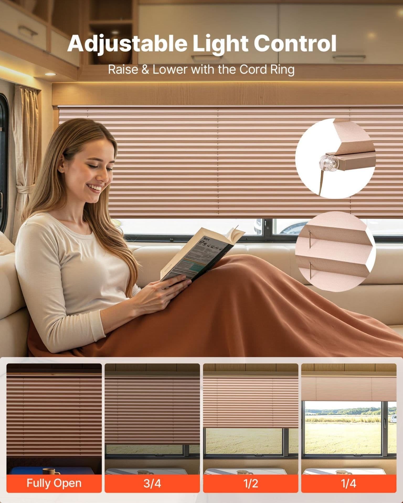 image-VEVOR RV Blinds, 62 in x 32 in, RV Pleated Shades, Polyester Fabric, Easy to Clean and Install, Privacy Protection and Sunlight Blocking, for Camper, Travel Trailer, Motorhome Window, Cappuccino