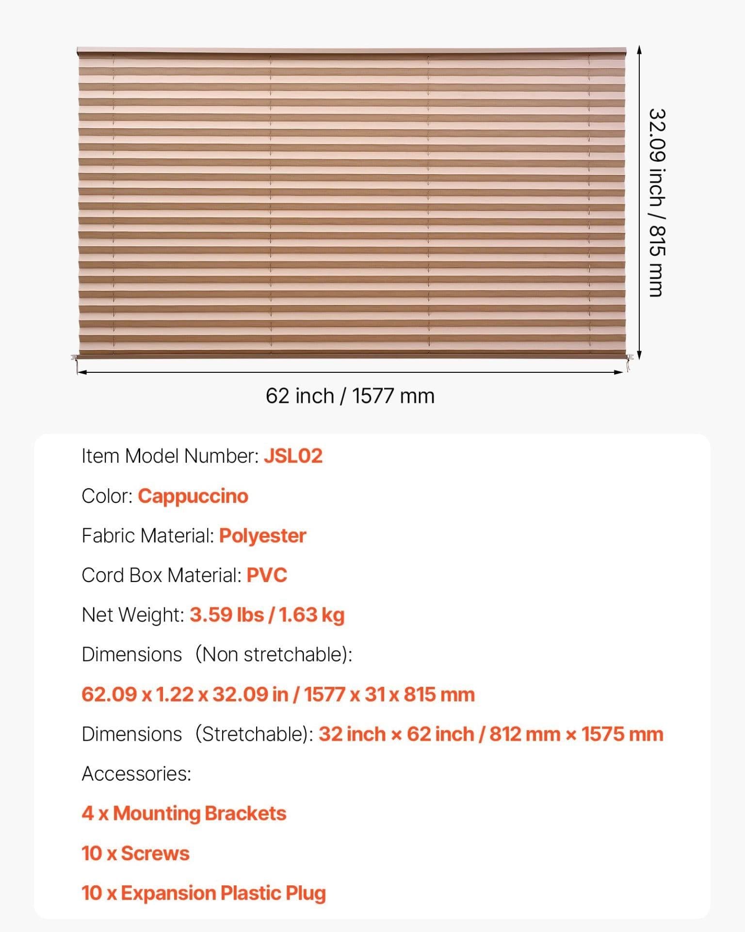 image-VEVOR RV Blinds, 62 in x 32 in, RV Pleated Shades, Polyester Fabric, Easy to Clean and Install, Privacy Protection and Sunlight Blocking, for Camper, Travel Trailer, Motorhome Window, Cappuccino
