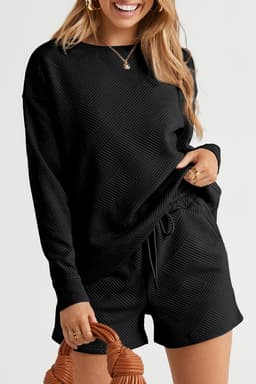 image-Textured Long Sleeve Top & Drawstring Shorts Set - Green
