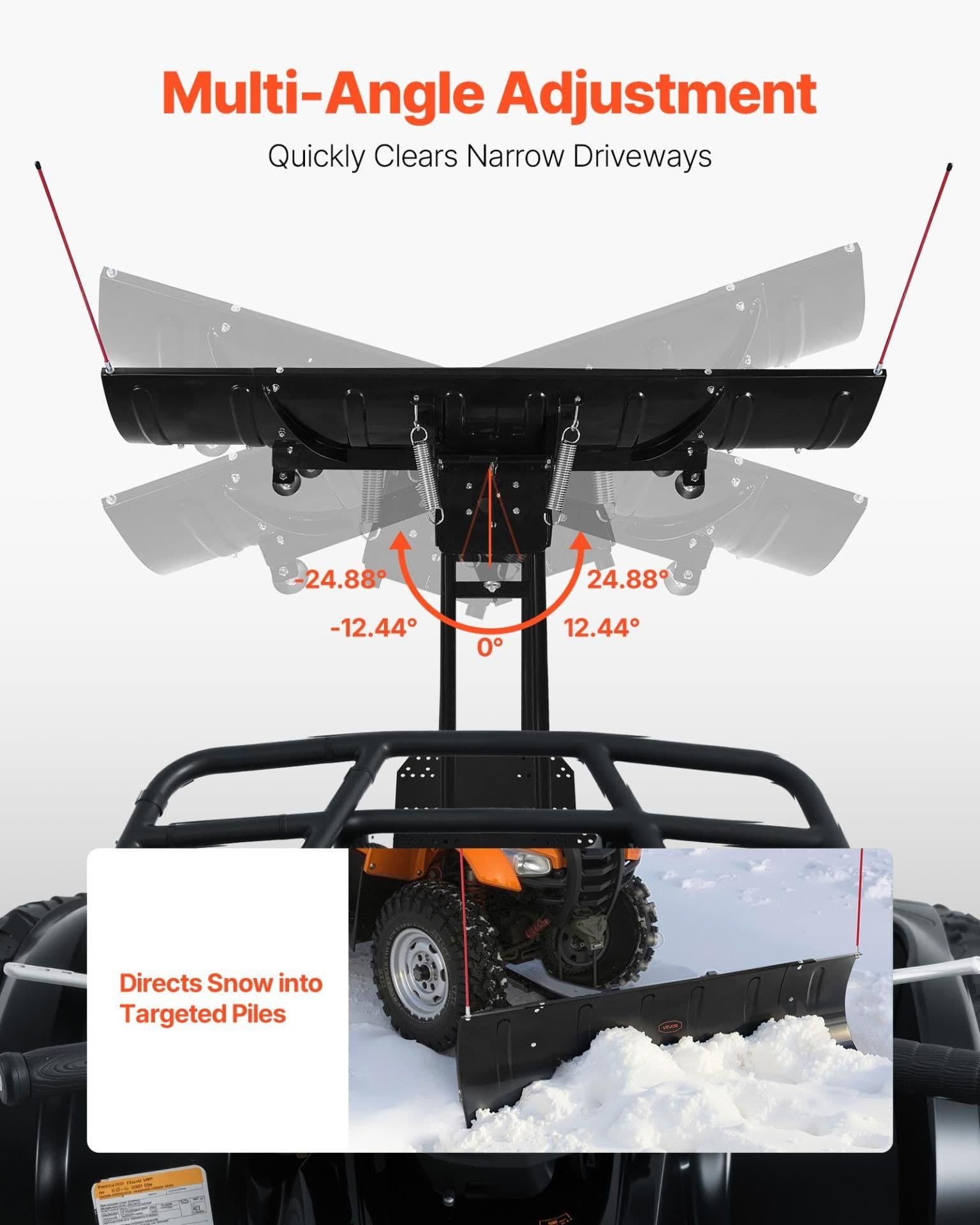 image-VEVOR Lame Chasse Neige Universelle, 109 cm 183 cm, Lame de Déneigement en Acier, avec Rabats en Caoutchouc, Compatible pour la Plupart des VTT et UTV, sur Allées, Chemins de Fermes, Routes Rurales