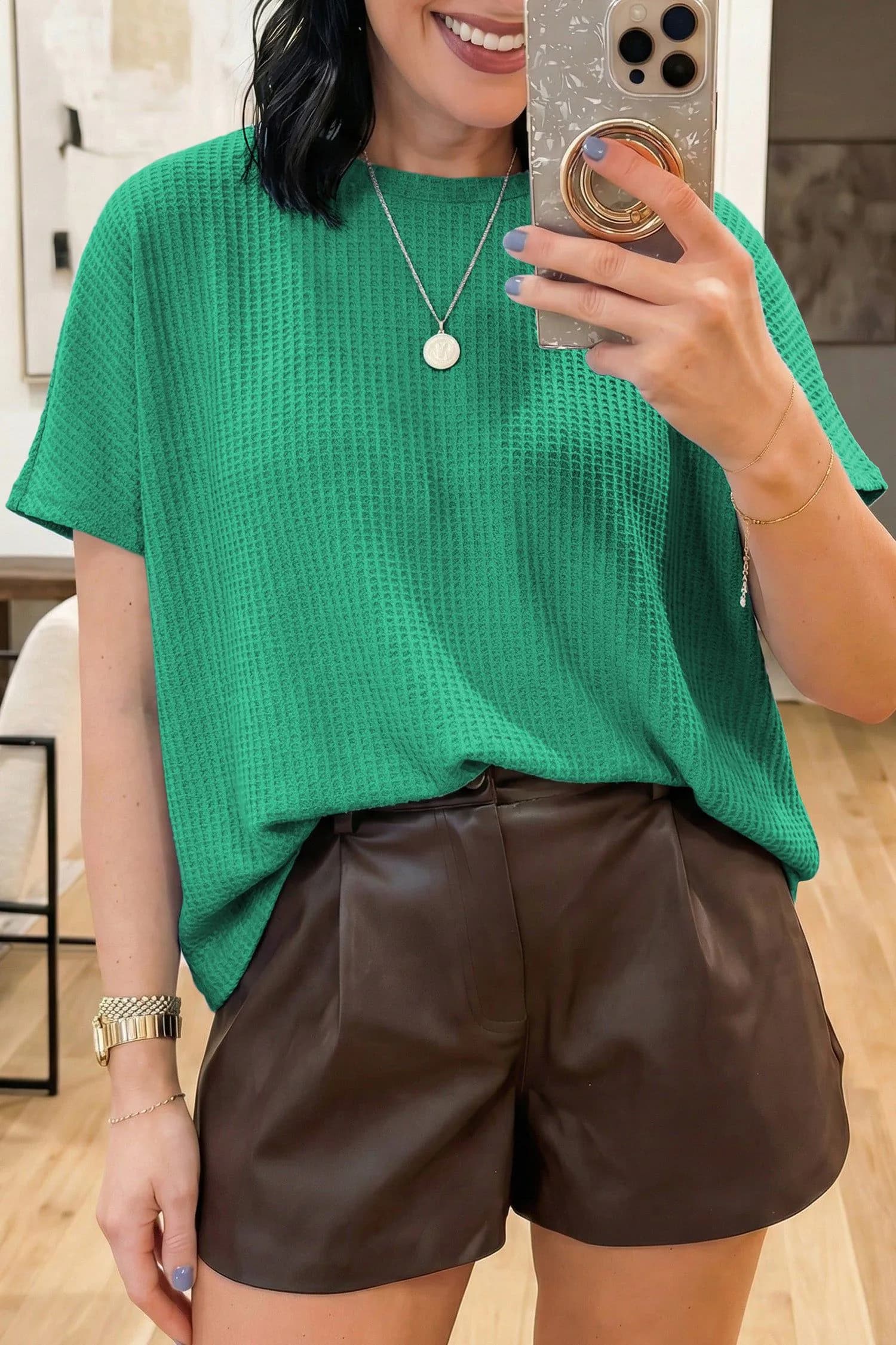 image-Sea Green Waffle Knit Dolman Top - Short Sleeve