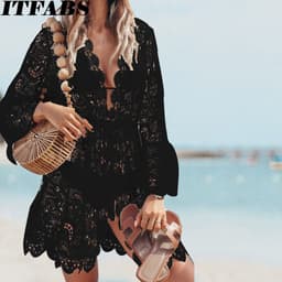 image-2022 women's new beach bikini blouse sexy resort style lace long-sleeved V-neck dress
