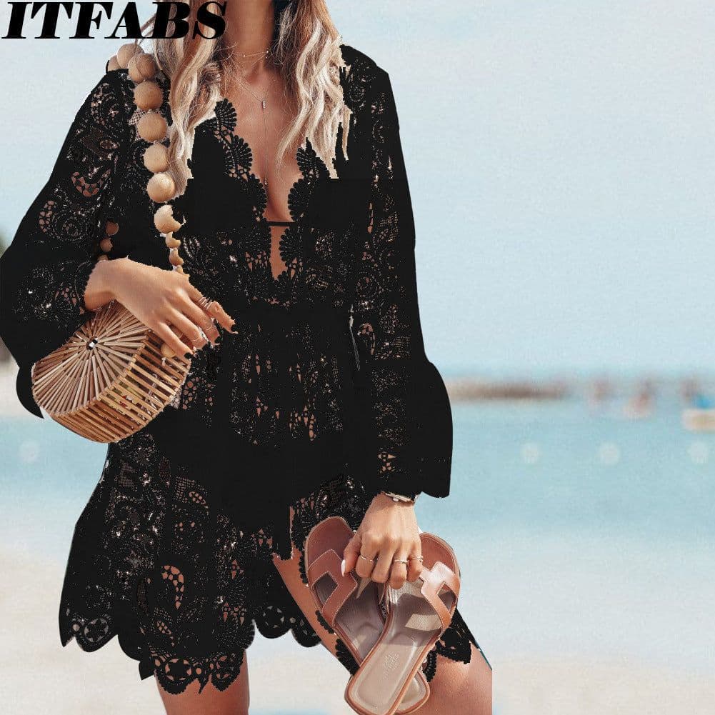image-2022 women's new beach bikini blouse sexy resort style lace long-sleeved V-neck dress