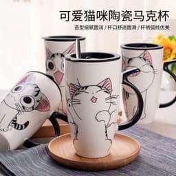 image-Cute Cat Ceramic Mug With Lid And Spoon Large Capacity Coffee Cup