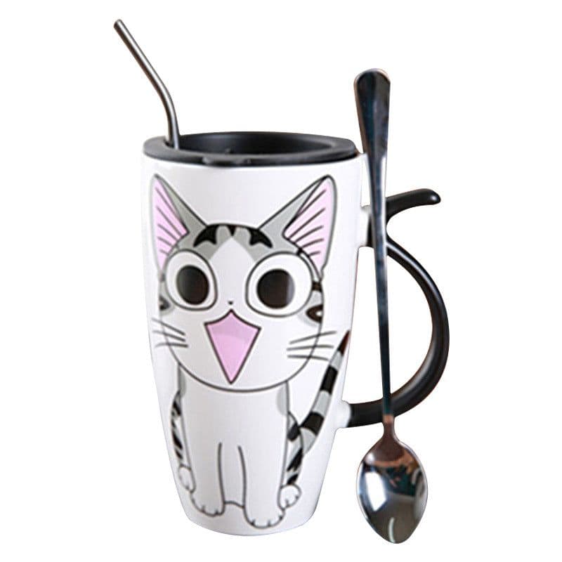 image-Cute Cat Ceramic Mug With Lid And Spoon Large Capacity Coffee Cup