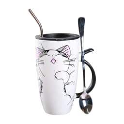 image-Cute Cat Ceramic Mug With Lid And Spoon Large Capacity Coffee Cup