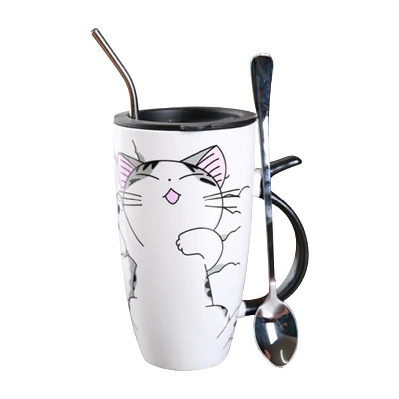 image-Cute Cat Ceramic Mug With Lid And Spoon Large Capacity Coffee Cup