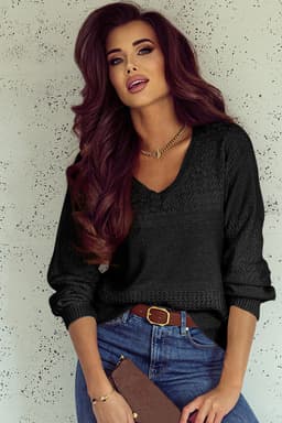 image-Sky Blue V Neck Eyelet Sweater Drop Shoulder