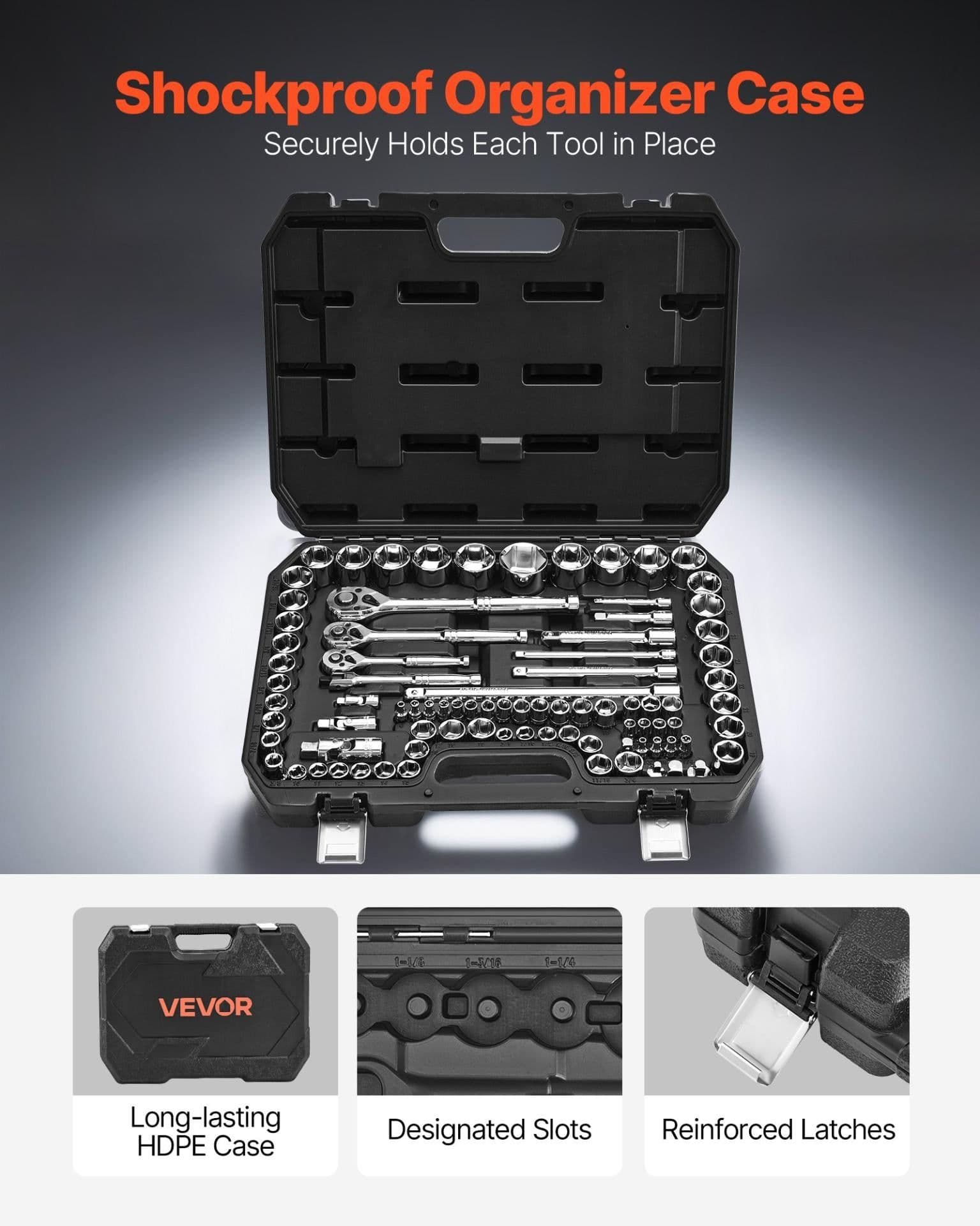 image-VEVOR Socket Set, 86 Pieces, 3/8 & 1/4 & 1/2 inch Drive Socket and Ratchet Set, SAE and Metric, Mechanic Tool Kit with Ratchet Wrench, Accessories and Storage Case, CR-V Alloy Steel, for Auto Repair