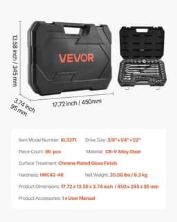 image-VEVOR Socket Set, 86 Pieces, 3/8 & 1/4 & 1/2 inch Drive Socket and Ratchet Set, SAE and Metric, Mechanic Tool Kit with Ratchet Wrench, Accessories and Storage Case, CR-V Alloy Steel, for Auto Repair