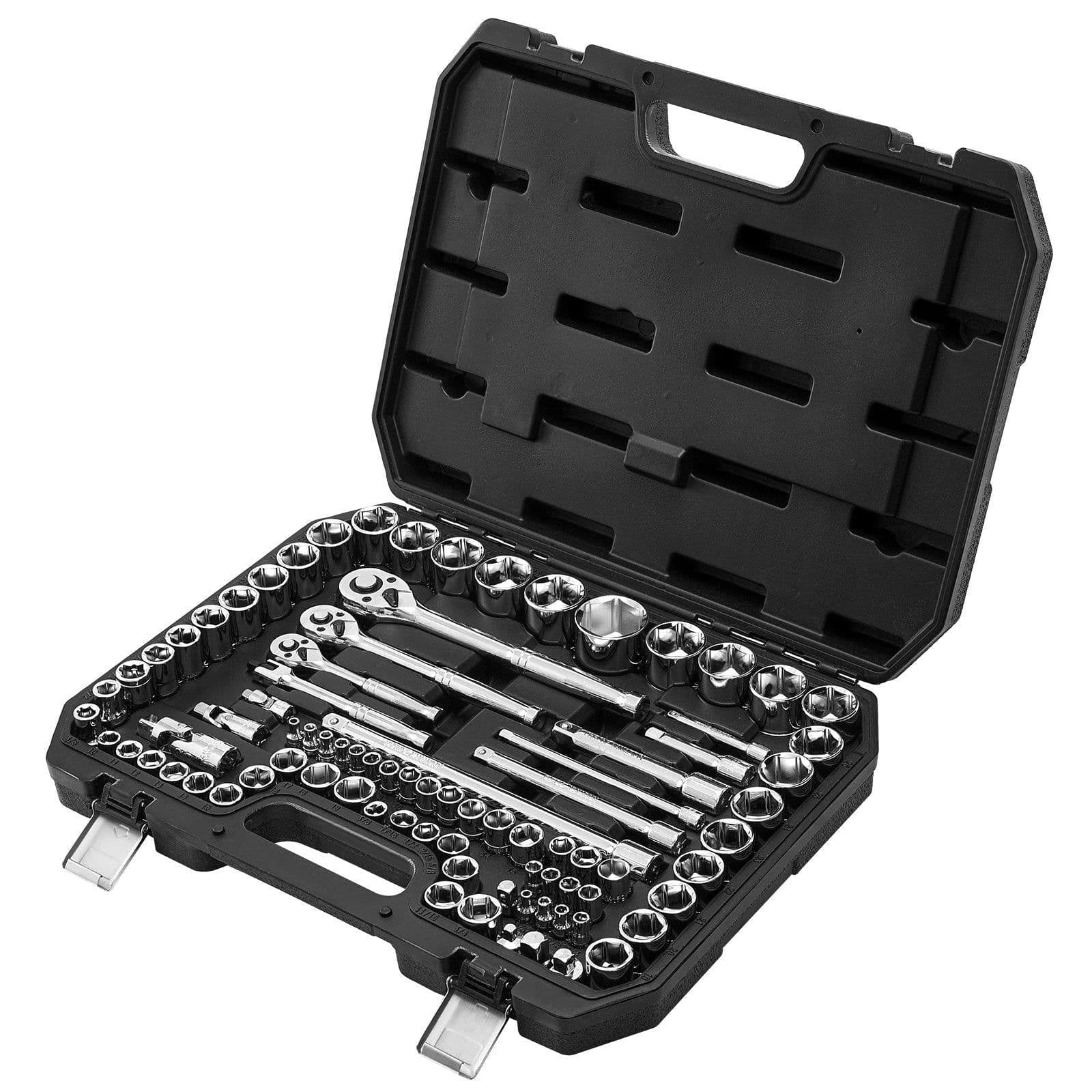 image-VEVOR Socket Set, 86 Pieces, 3/8 & 1/4 & 1/2 inch Drive Socket and Ratchet Set, SAE and Metric, Mechanic Tool Kit with Ratchet Wrench, Accessories and Storage Case, CR-V Alloy Steel, for Auto Repair