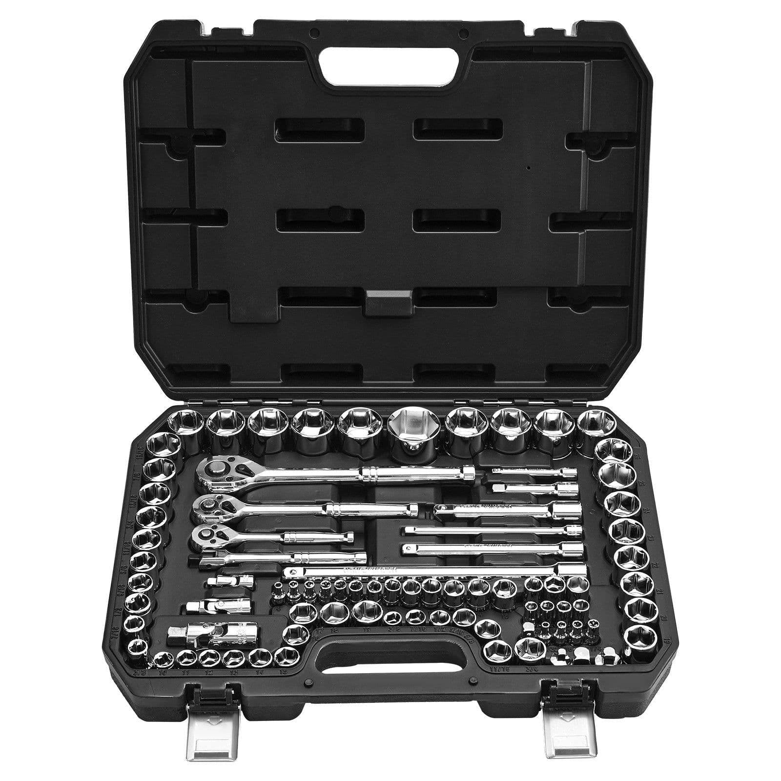 image-VEVOR Socket Set, 86 Pieces, 3/8 & 1/4 & 1/2 inch Drive Socket and Ratchet Set, SAE and Metric, Mechanic Tool Kit with Ratchet Wrench, Accessories and Storage Case, CR-V Alloy Steel, for Auto Repair