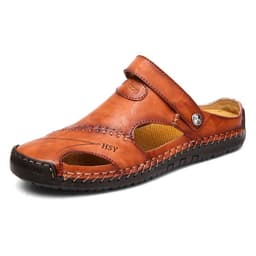 image-Hong Shi Yang Men's Red Brown Leather Sandals, 48 Size, Casual