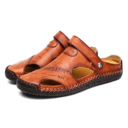 image-Hong Shi Yang Men's Red Brown Leather Sandals, 48 Size, Casual
