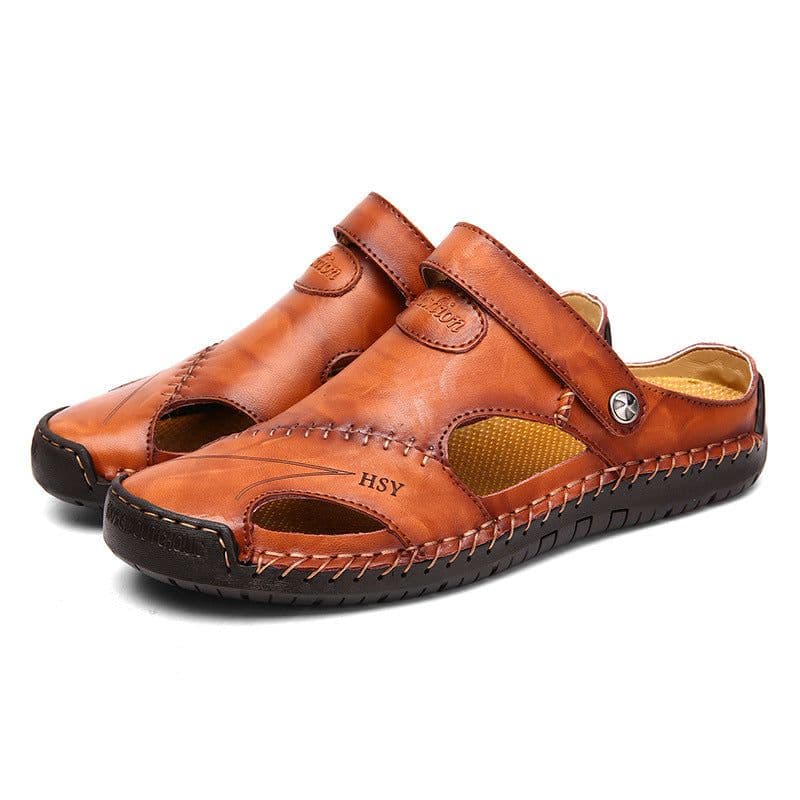 image-Hong Shi Yang Men's Red Brown Leather Sandals, 48 Size, Casual