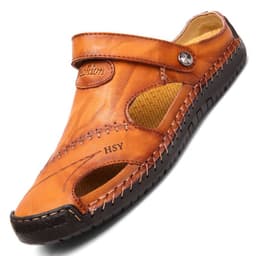 image-Hong Shi Yang Men's Red Brown Leather Sandals, 48 Size, Casual