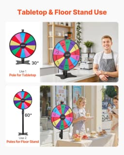 image-VEVOR 24 in Spinning Prize Wheel, 14 Slots Spinning Wheel with Stand, Adjustable Height Win Fortune Roulette with a Dry Erase and 2 Markers, 6 Colors, Easy Assembly, for Party Pub Trade Show Carnival