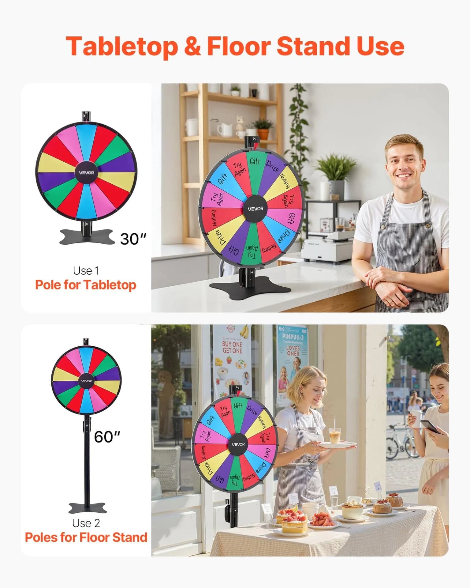 image-VEVOR 24 in Spinning Prize Wheel, 14 Slots Spinning Wheel with Stand, Adjustable Height Win Fortune Roulette with a Dry Erase and 2 Markers, 6 Colors, Easy Assembly, for Party Pub Trade Show Carnival