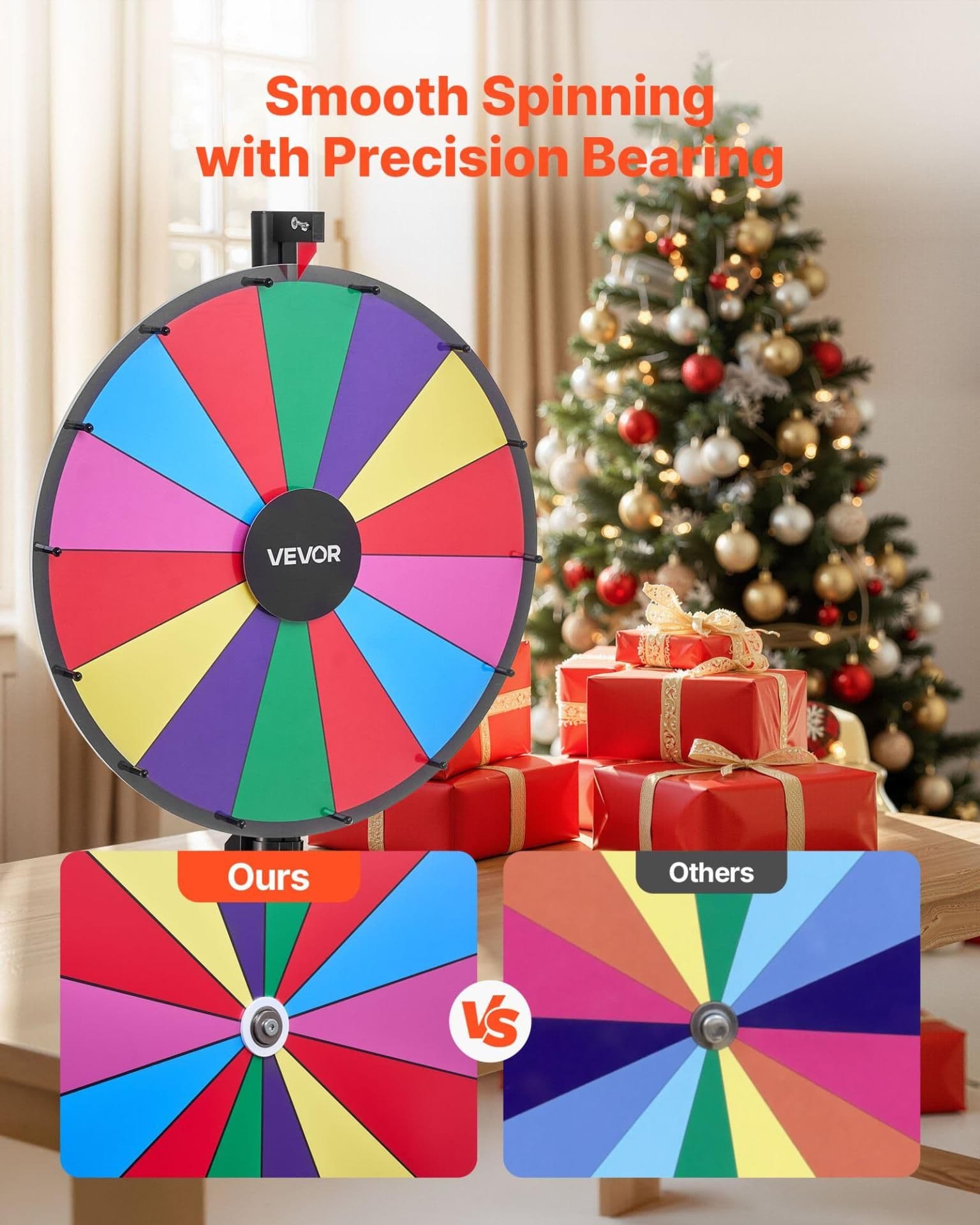 image-VEVOR 24 in Spinning Prize Wheel, 14 Slots Spinning Wheel with Stand, Adjustable Height Win Fortune Roulette with a Dry Erase and 2 Markers, 6 Colors, Easy Assembly, for Party Pub Trade Show Carnival