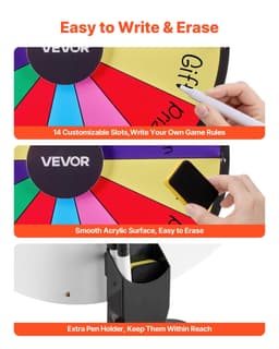 image-VEVOR 24 in Spinning Prize Wheel, 14 Slots Spinning Wheel with Stand, Adjustable Height Win Fortune Roulette with a Dry Erase and 2 Markers, 6 Colors, Easy Assembly, for Party Pub Trade Show Carnival