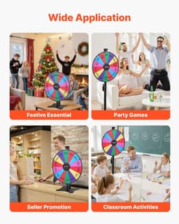 image-VEVOR 24 in Spinning Prize Wheel, 14 Slots Spinning Wheel with Stand, Adjustable Height Win Fortune Roulette with a Dry Erase and 2 Markers, 6 Colors, Easy Assembly, for Party Pub Trade Show Carnival