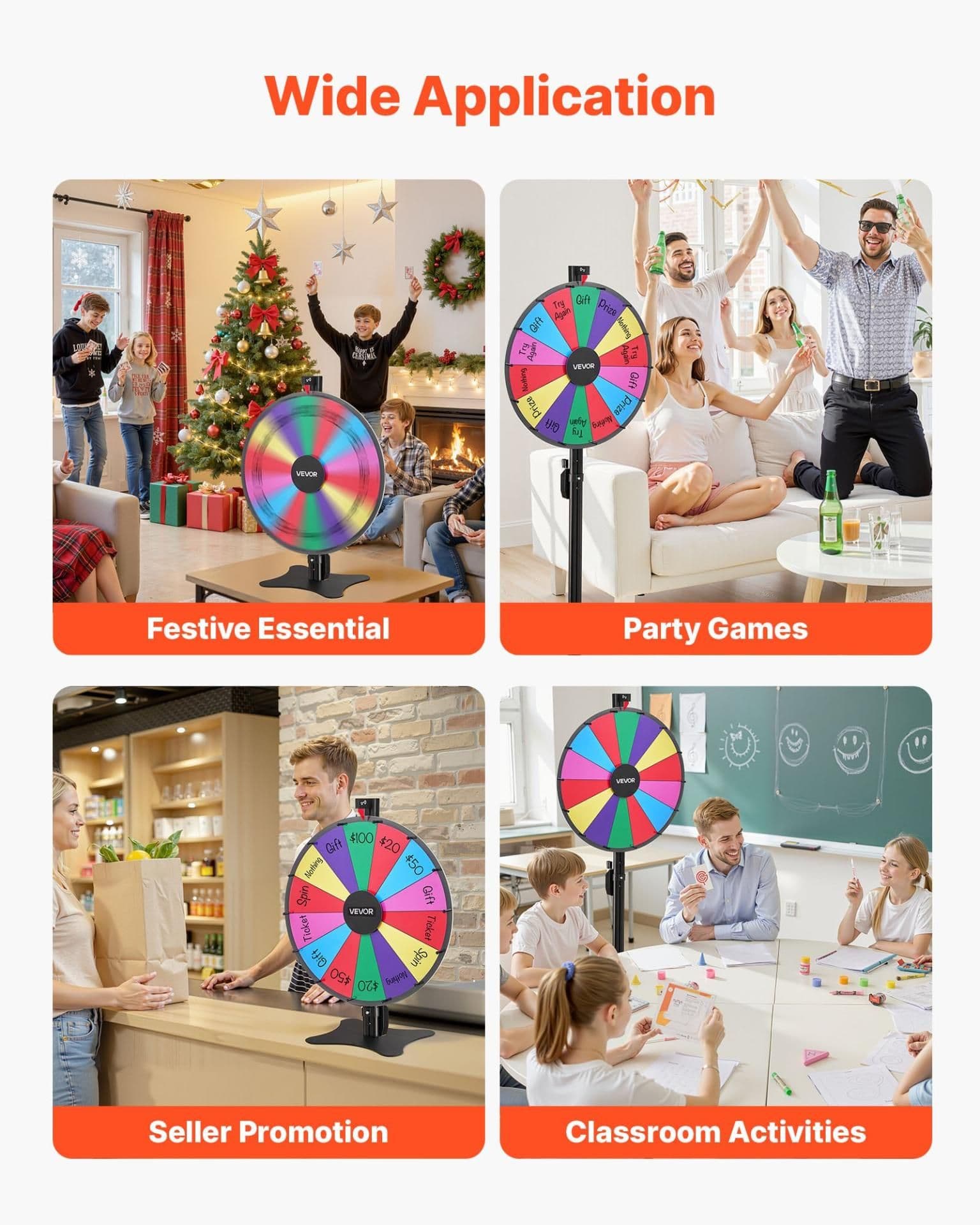 image-VEVOR 24 in Spinning Prize Wheel, 14 Slots Spinning Wheel with Stand, Adjustable Height Win Fortune Roulette with a Dry Erase and 2 Markers, 6 Colors, Easy Assembly, for Party Pub Trade Show Carnival