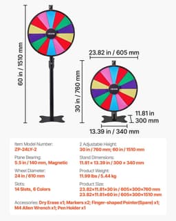 image-VEVOR 24 in Spinning Prize Wheel, 14 Slots Spinning Wheel with Stand, Adjustable Height Win Fortune Roulette with a Dry Erase and 2 Markers, 6 Colors, Easy Assembly, for Party Pub Trade Show Carnival