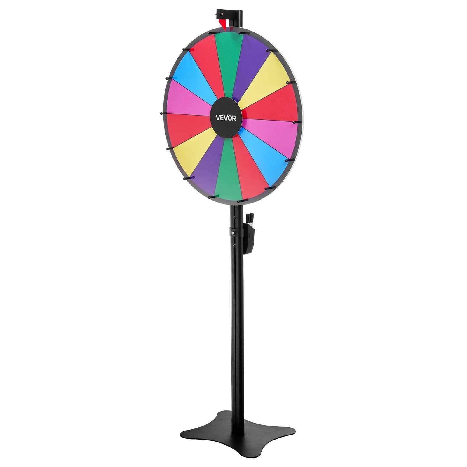 image-VEVOR 24 in Spinning Prize Wheel, 14 Slots Spinning Wheel with Stand, Adjustable Height Win Fortune Roulette with a Dry Erase and 2 Markers, 6 Colors, Easy Assembly, for Party Pub Trade Show Carnival