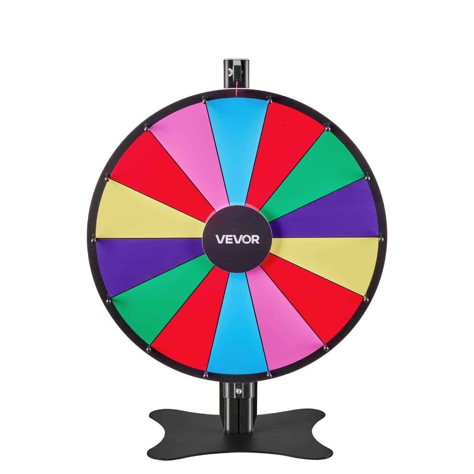 image-VEVOR 24 in Spinning Prize Wheel, 14 Slots Spinning Wheel with Stand, Adjustable Height Win Fortune Roulette with a Dry Erase and 2 Markers, 6 Colors, Easy Assembly, for Party Pub Trade Show Carnival