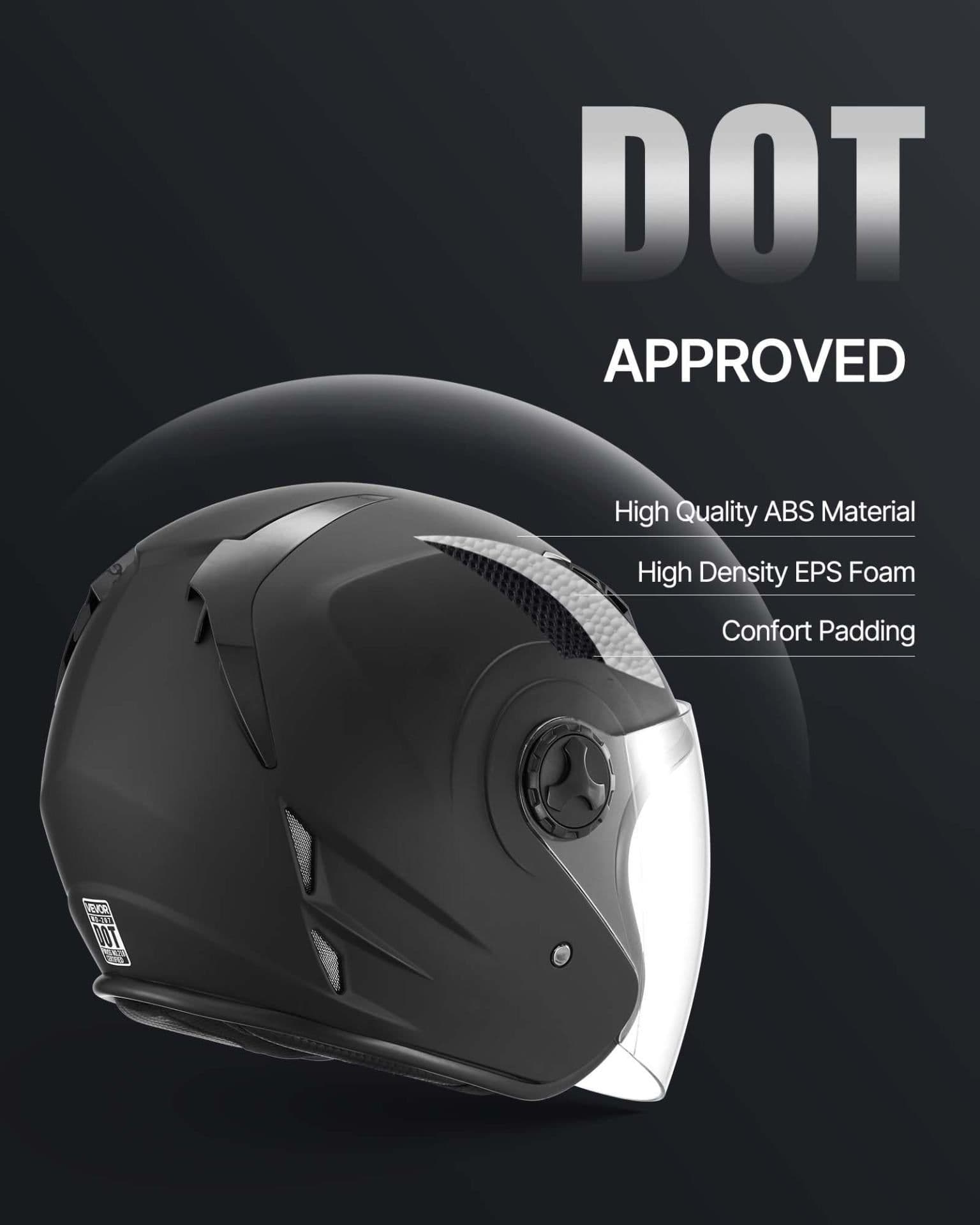 image-VEVOR Motorcycle Helmet, 3/4 Open Face, Adult Motocross Dirt Bike Helmet with Clear Visor, Comfortable Motorbike Racing Street with Detachable Liner for Men & Women, DOT Approved, (Matte Black, XL)