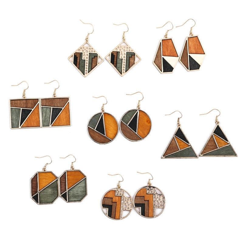 image-Qingdao Jewelry European and American Fashion Jewelry Geometric Contrast Wood Combination Women's Earrings