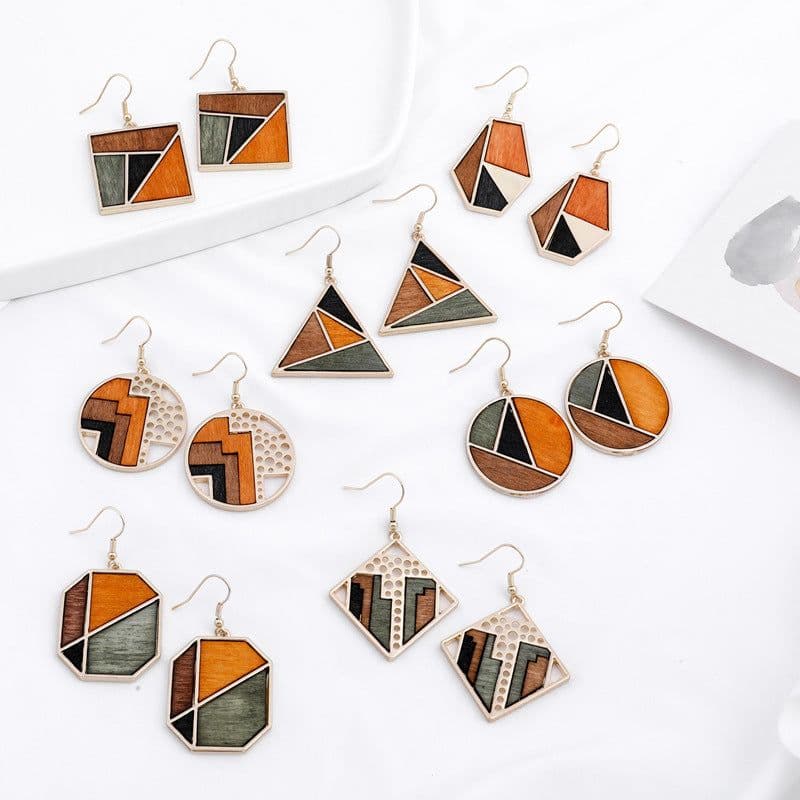 image-Qingdao Jewelry European and American Fashion Jewelry Geometric Contrast Wood Combination Women's Earrings