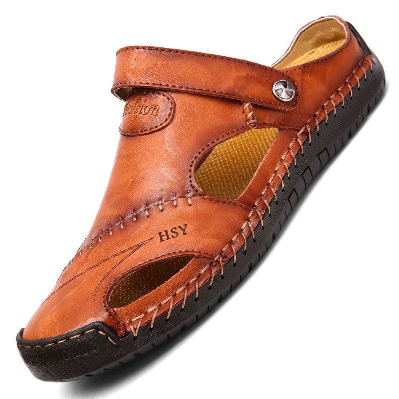 image-Hong Shi Yang Men's Red Brown Leather Sandals, 48 Size, Casual