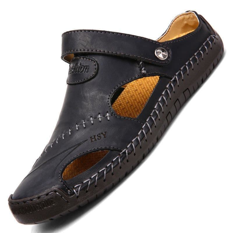 image-Hong Shi Yang Men's Red Brown Leather Sandals, 48 Size, Casual