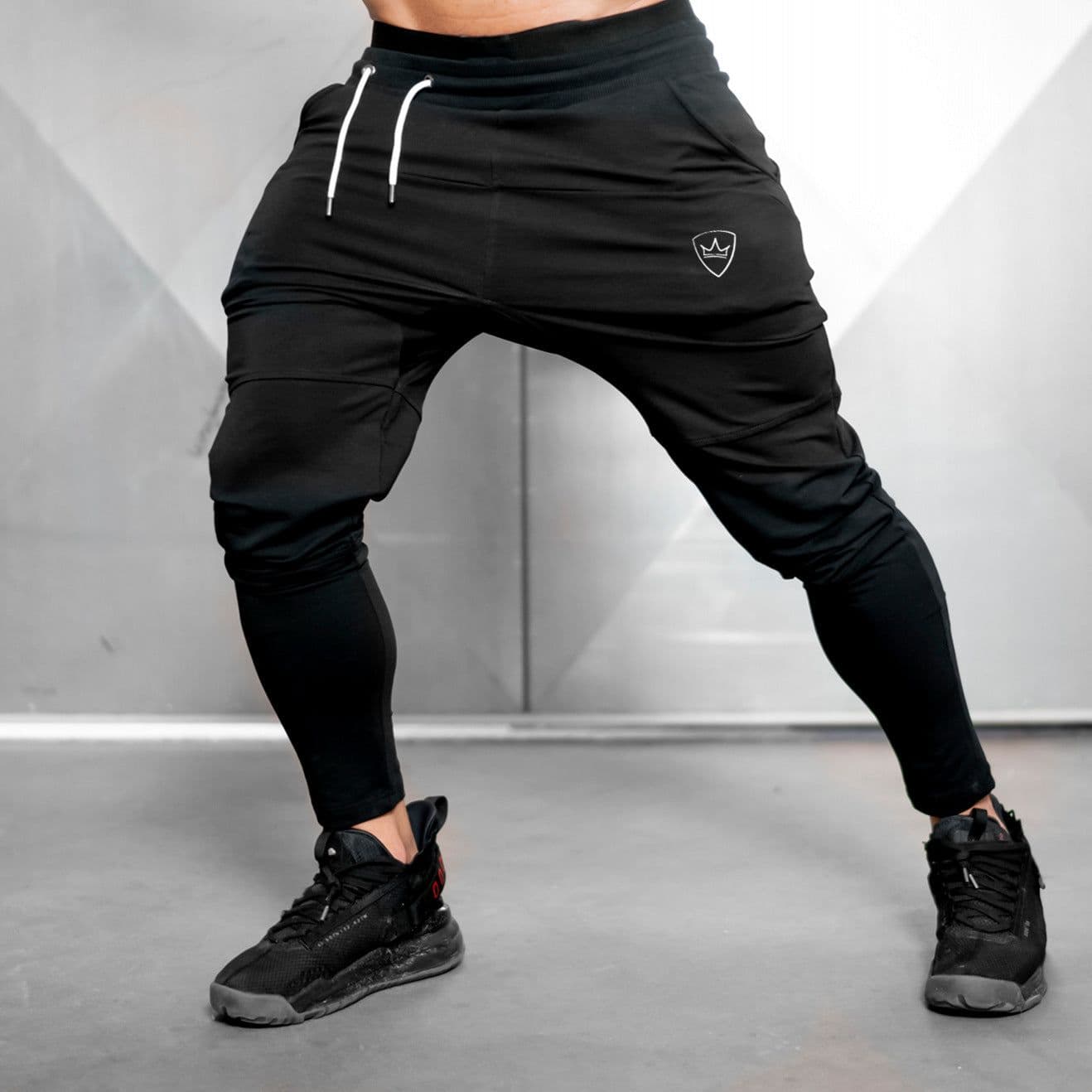 image-Men's Slim Fit Workout Pants - Black/Gray, Low Waist, M-XXL