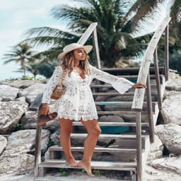 image-2022 women's new beach bikini blouse sexy resort style lace long-sleeved V-neck dress