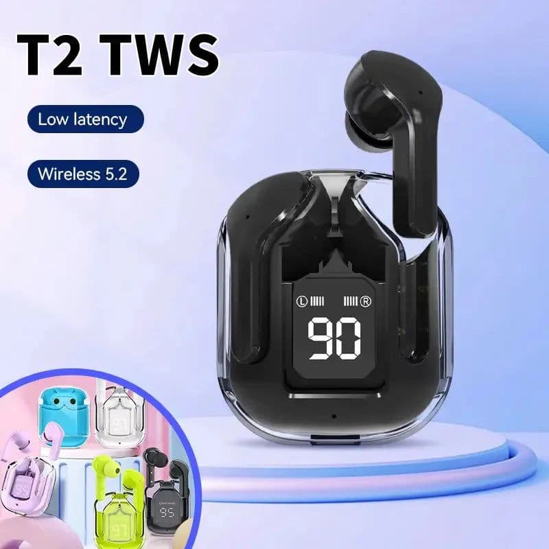 image-Original T2 Wireless Bluetooth Earphone Transparent HIFI Headphones LED Power Digital Display Stereo Sound Earphones for Xiaomi