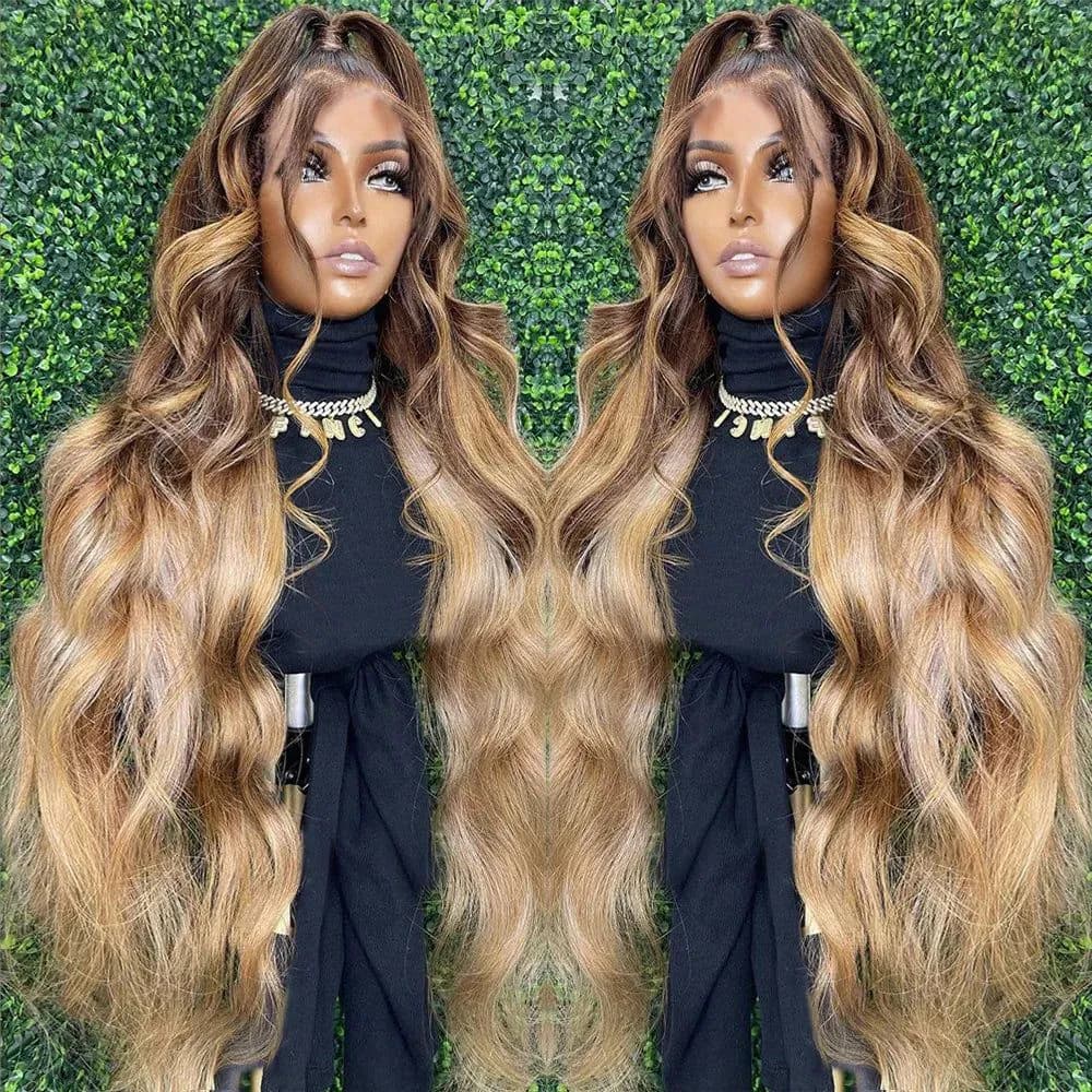 image-250% Body Wave Glueless Wig Highlight Ombre 7x5 Lace Frontal Wig Brazilian 4/27 Color Ready To Go 13x4 Human Hair Wigs For Women