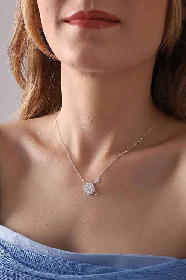 image-925 Sterling Silver Saturn Planet Necklace with White Zircon Stone