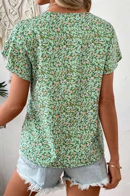 image-Green Boho Floral V Neck Wrap Short Sleeve Blouse