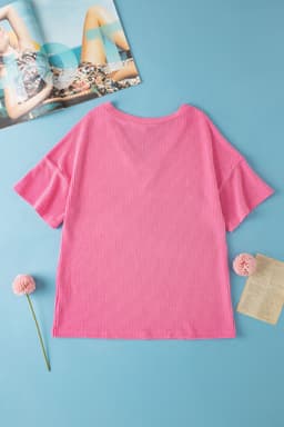 image-Rose Red Color Block Patch Pocket Tee - V Neck Casual Shirt