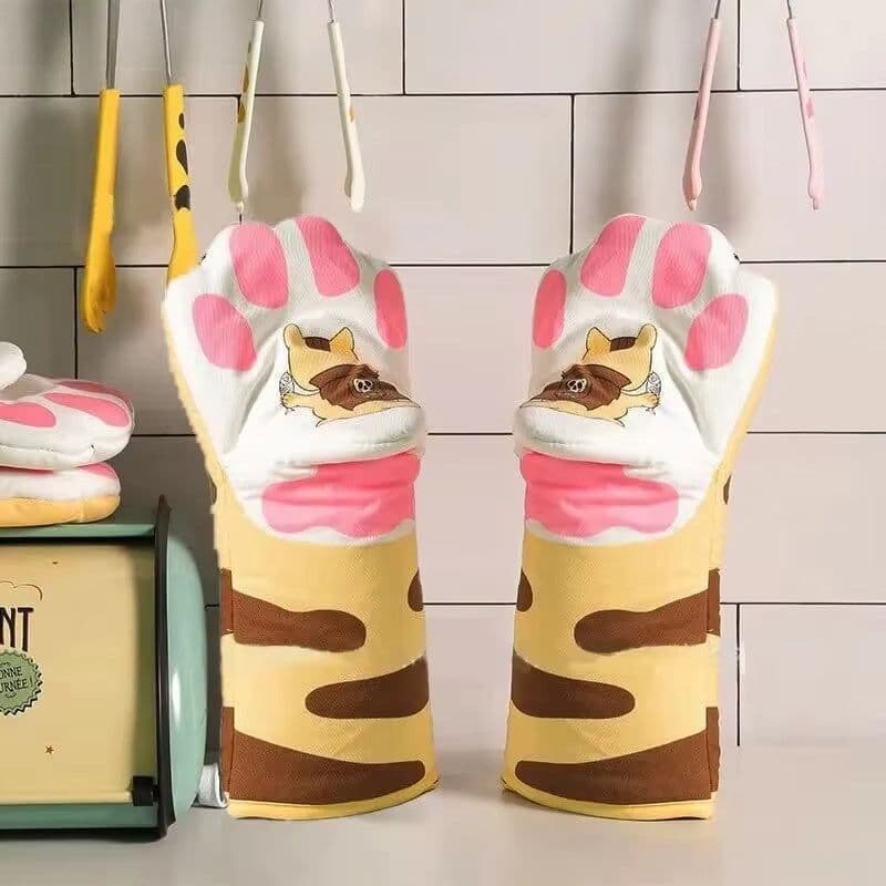 image-Microwave Long Cotton Gloves Cute Cat Paws Oven Insulation Gloves Heat Resistant Non-Slip Single Glove Kitchen Baking Supplies