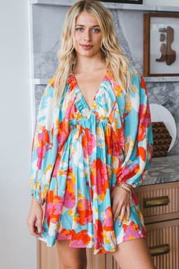 image-Sky Blue Floral Mini Dress - Empire Waist, Bracelet Sleeves, V-Neck