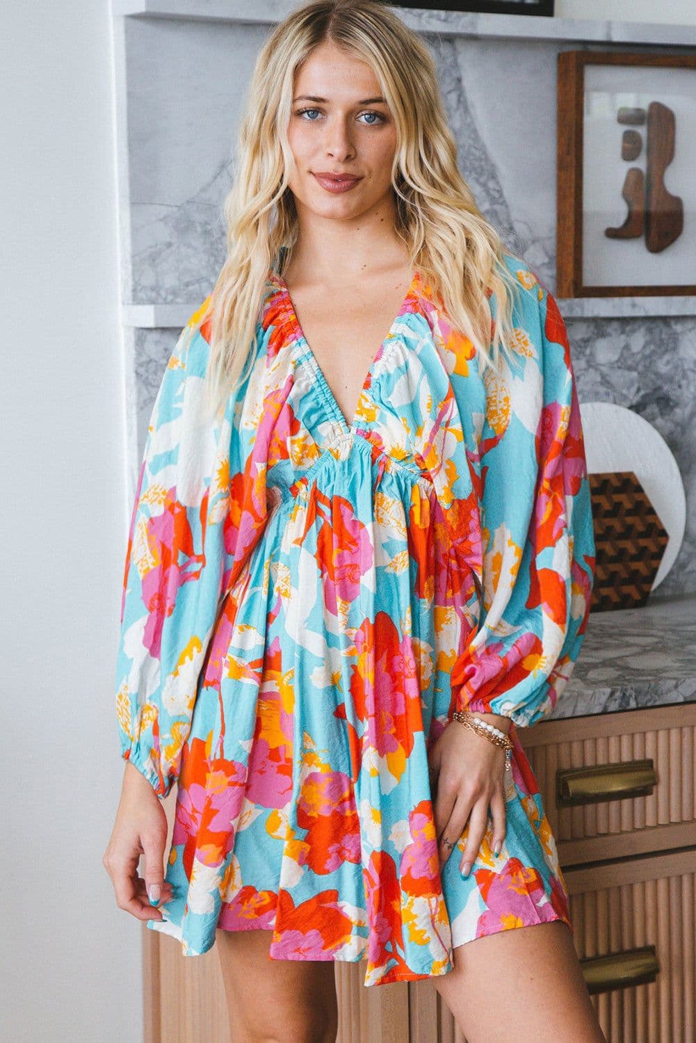 image-Sky Blue Floral Mini Dress - Empire Waist, Bracelet Sleeves, V-Neck
