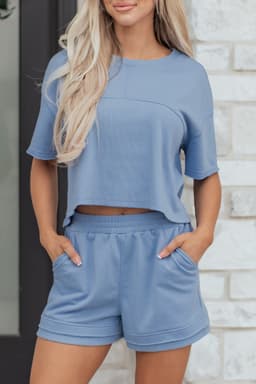 image-Jet Stream Solid Color Contrast Textured Patchwork Raw Edge 2pcs Short Set
