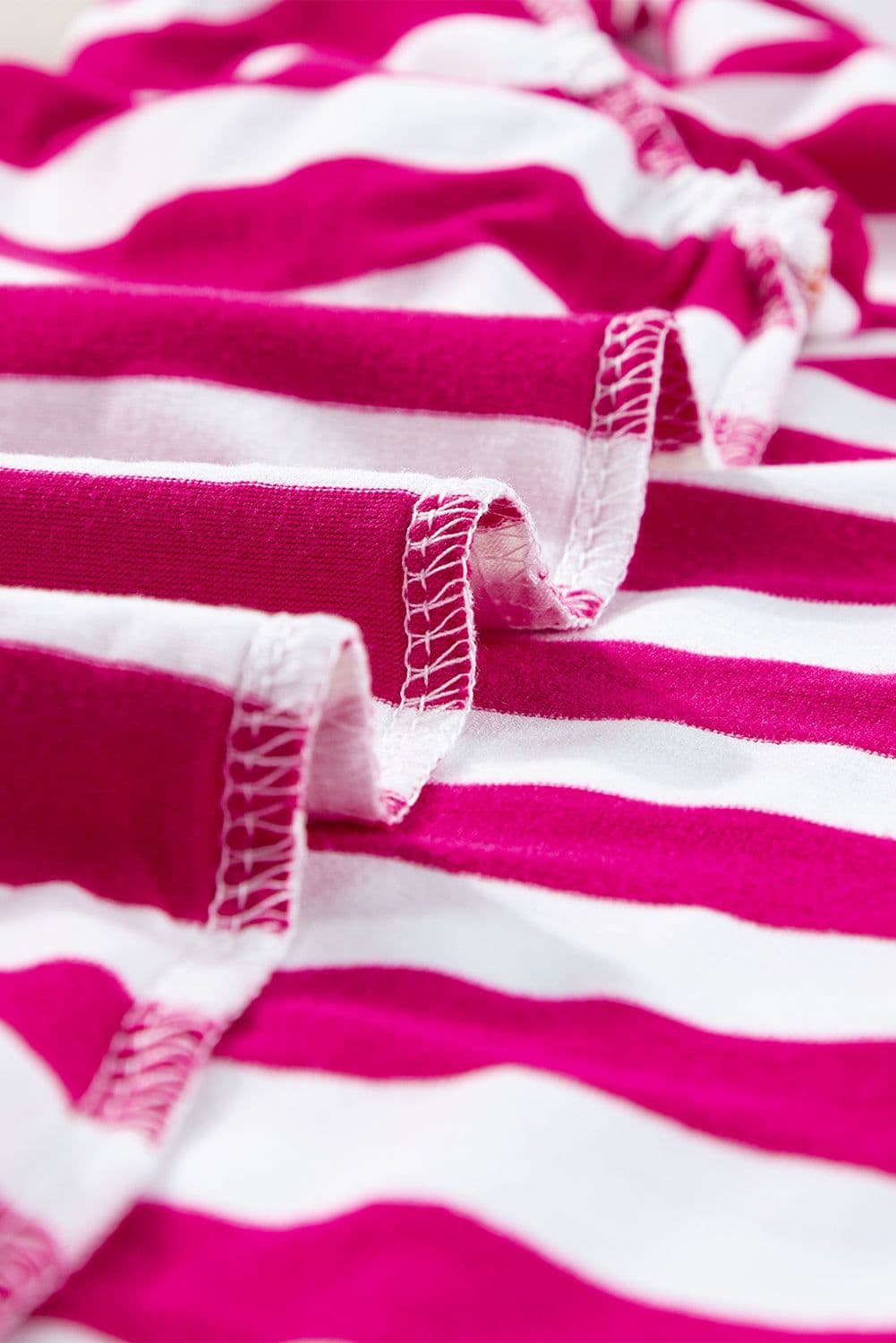image-Rose Red Striped Ruffle Sleeve Crew Neck Blouse