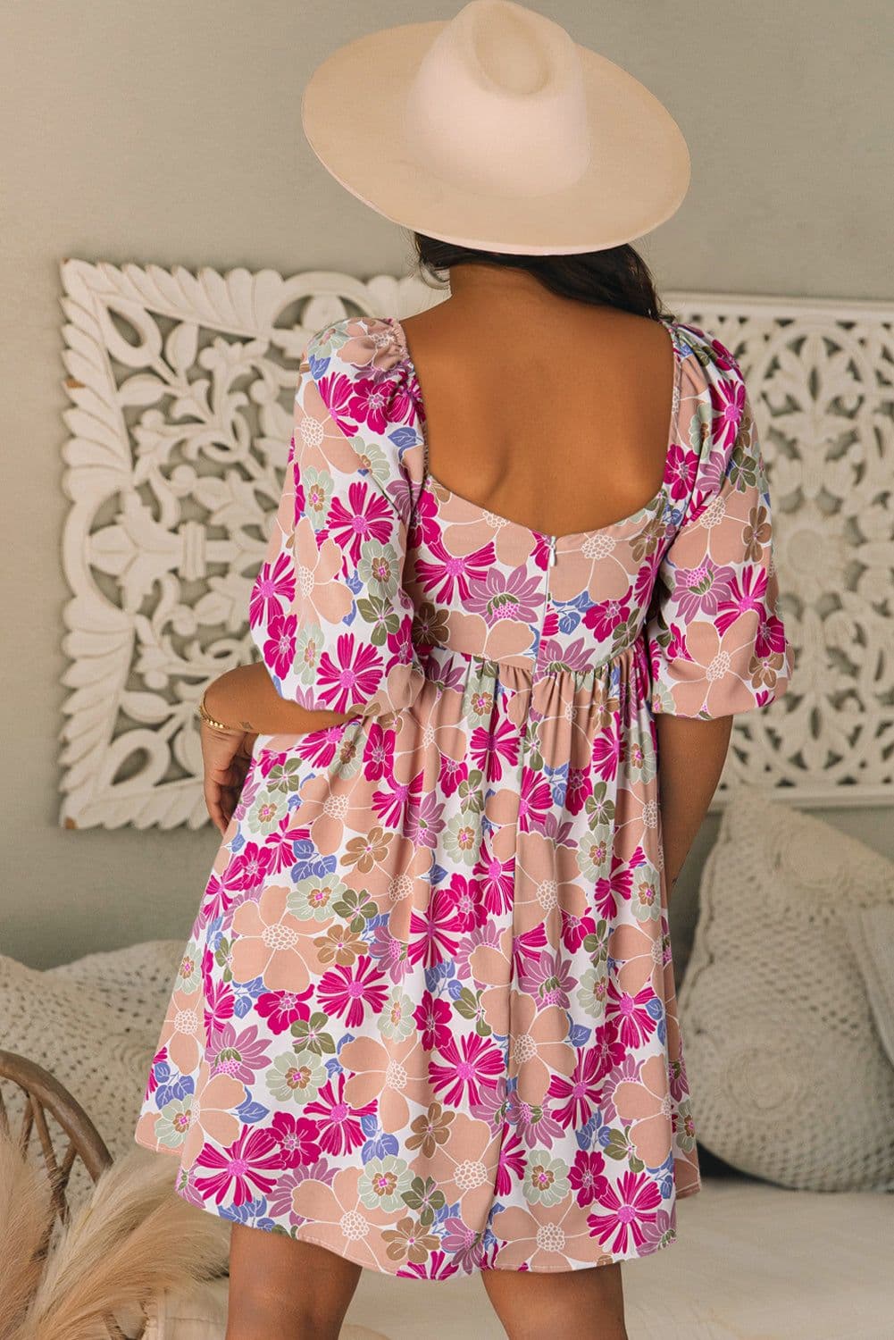 image-Pink Summer Floral Puff Sleeve Babydoll Dress