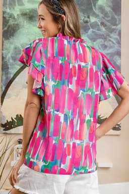 image-Rose Abstract Brush Print Ruffled Sleeve V Neck Blouse